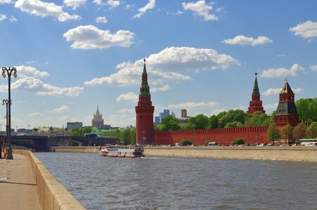 Moscow, Russia - May 12. 2018. Panorama of Kremlin towers from riverのeditorial素材