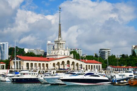 Sochi, Russia - June 2. 2018. View from sea to station of sea terminalのeditorial素材
