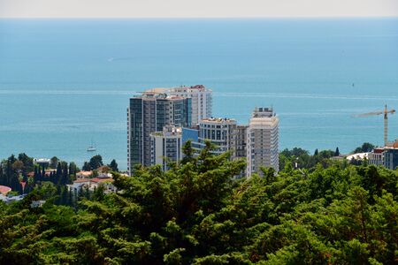Sochi, Russia - June 5. 2018. Residential houses on the background of the Black Sea.のeditorial素材