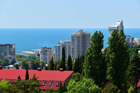 Sochi, Russia - June 5. 2018. Residential houses on the background of the Black Sea.のeditorial素材