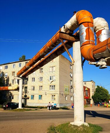 Gryazi, Russia - June 21. 2018. pipes of above-ground heating main in heaterのeditorial素材