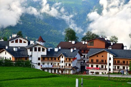 Rosa Khutor, Russia - June 1. 2018. hotel complex in a ski resort in the summer