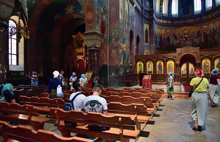 New Athos, Abkhazia - June 3. 2018. a people in church in monastery of Nova Afon
