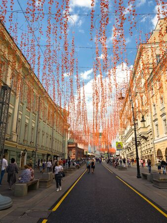 Moscow, Russia - Sep 9. 2018. Bolshaya Dmitrovka street after renovation decorated for the City Dayのeditorial素材