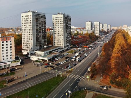 Moscow, Russia - October 20. 2018. Flight over the central avenue in Zelenogradのeditorial素材