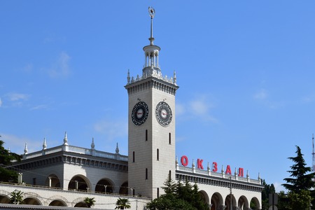Clock on tower of railway station in Sochi, Russiaの写真素材
