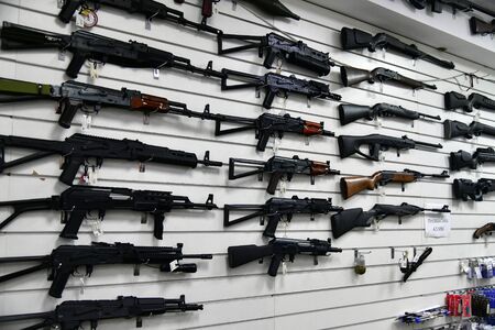 Sochi, Russia - June 2. 2018. Air rifles on the wall in shop Sprut in Sun City mall