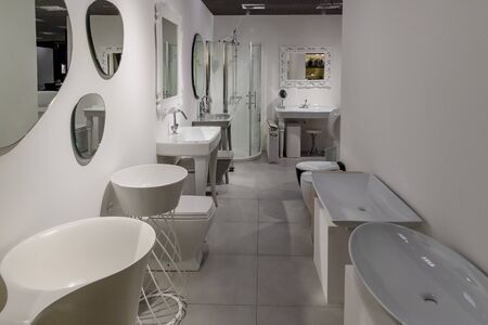Khimki, Russia -Nov 25. 2018. White designer plumbing of unusual shape in Grand Storeのeditorial素材