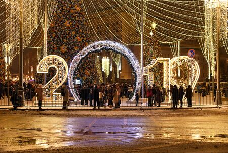 Moscow, Russia -January 2. 2019. 2019 - light installation on a Lubyanka Square
