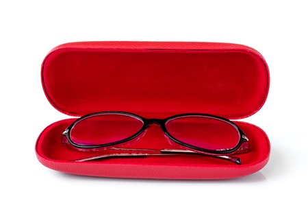 Glasses in red case on a white backgroundの写真素材