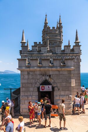 Gaspra, Crimea - July 7. 2019. Castle of Swallows Nest on Cape Ai-Todor of Black Sea coastのeditorial素材