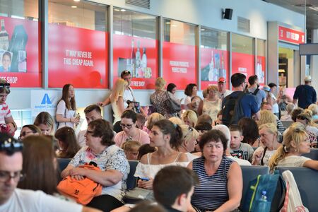 Tivat, Montenegro - Oct 10. 2019. Crowded Departure hall of an international airport Tivat
