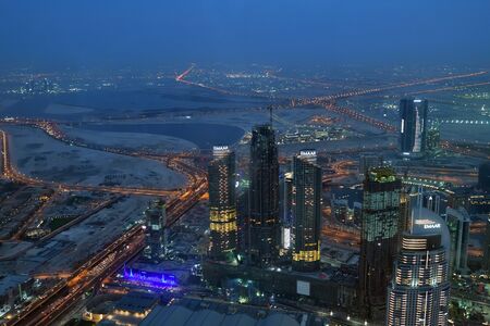 Dubai, UAE - April 8. 2018. View from Burj Khalifa to a city at night.のeditorial素材