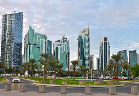 Doha, Qatar - Nov 18. 2019. View of downtown skyscrapers from a Sheraton park Al Dafna Parkのeditorial素材