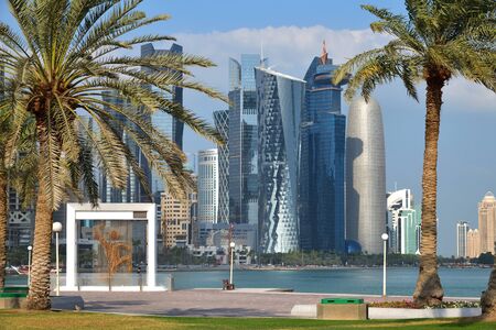 Doha, Qatar - Nov 21. 2019. A Skyscrapers of West Bay Doha from Corniche Waterfront