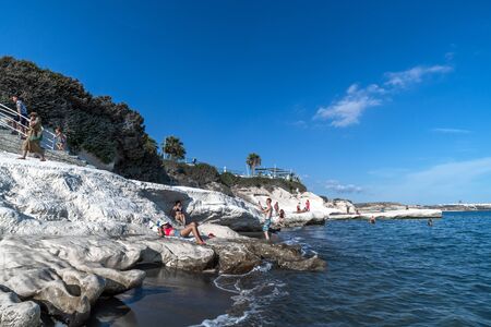 Limassol, Cyprus - Oct 10. 2019 The Governor beach with white limestone cliffs