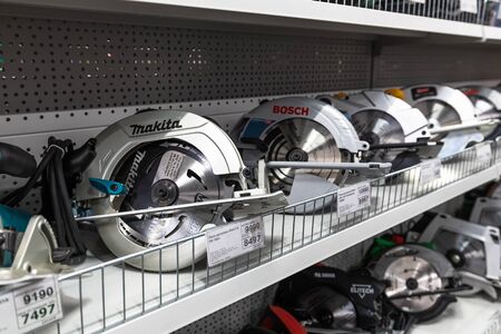 Gryazi, Russia - Aug 30. 2016. A Chainsaws in Prorab store interiorのeditorial素材