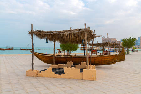 Doha, Qatar - Nov 20. 2019. Installation with aboat on a city beach