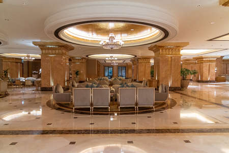 Abu Dhabi, UAE - March 30. 2019. Golden interior of the Emirates Palace - luxury hotelのeditorial素材