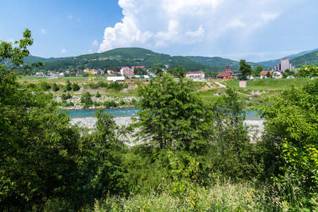 Zabljak, Montenegro - June 14. 2019. Rural landscape with the mountains and houses