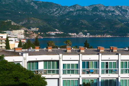 Becici, Montenegro - June 9. 2019. A Villas, hotels and apartments the coastal resort stripのeditorial素材