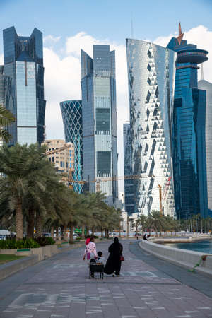 Doha, Qatar - Nov 21. 2019. Cornishe Tourist Quay and West Bay Business Center