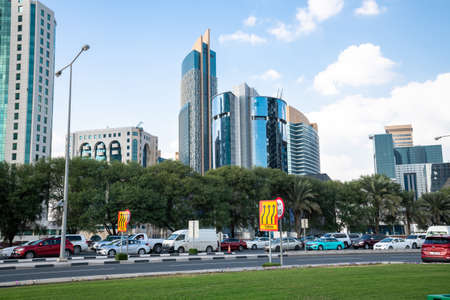 Doha, Qatar - Nov 21. 2019. Traffic jam on Cornishe street near West Bayのeditorial素材