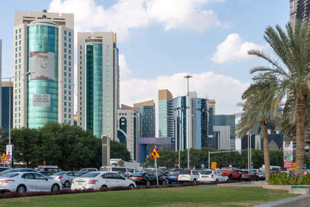 Doha, Qatar - Nov 21. 2019. Traffic jam on Cornishe street near West Bayのeditorial素材