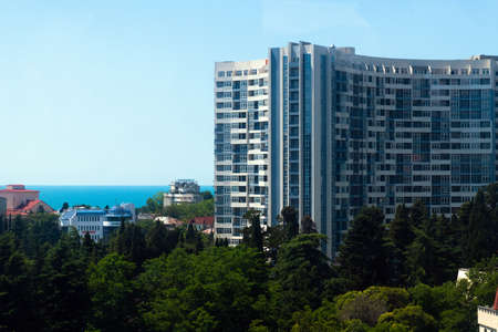 Sochi, Russia - June 5. 2018. Multi-storey home against background of the Black Seaのeditorial素材