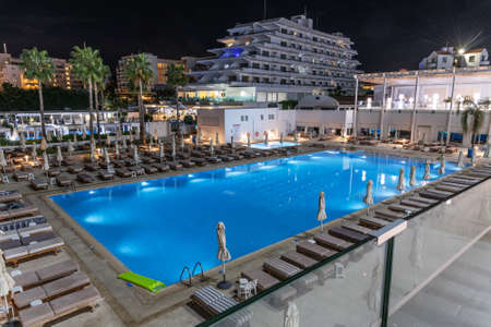 Protaras, Cyprus - Oct 12. 2019. Hotels in resort village of Protaras et nightのeditorial素材