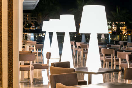 Protaras, Cyprus - Oct 12. 2019. Outdoor cafe near hotels in resort village of Protaras at nightのeditorial素材