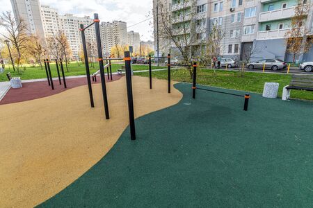 Playground with sports equipment and a soft rubber crumb in Moscow, Russiaの写真素材
