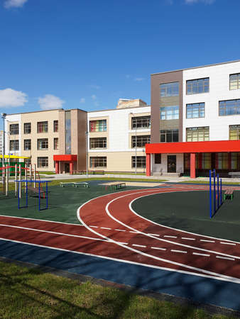 Moscow, Russia - May 1. 2020. State comprehensive school of primary and secondary education with a game complex in Zelenogradのeditorial素材