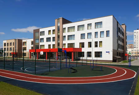 Moscow, Russia - May 1. 2020. State comprehensive school of primary and secondary education with a game complex in Zelenogradのeditorial素材