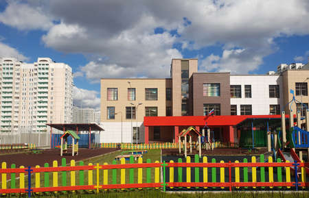 Moscow, Russia - May 1. 2020. State kindergarten with a game complex in Zelenogradのeditorial素材