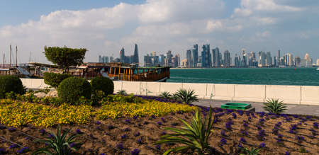 Doha, Qatar - Nov 21. 2019. View of West Bay Doha skyscrapers from Gulfのeditorial素材