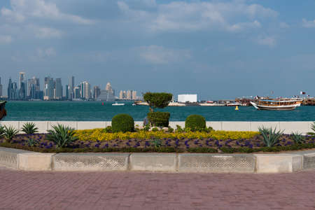 Doha, Qatar - Nov 21. 2019. View of West Bay Doha skyscrapers from Gulfのeditorial素材