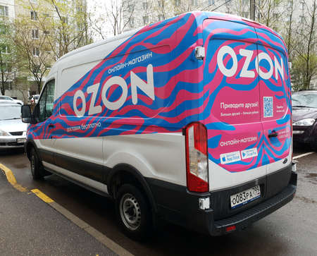 Moscow, Russia - May 4. 2020. branded car company Ozon.ru Iof nternet commerce