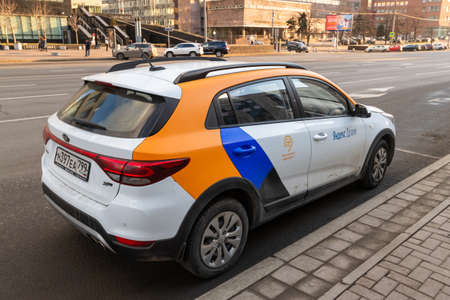 Moscow, Russia - Feb 21, 2020. The Moscow Car Sharing Car - Yandex Drive on Academician Sakharov...