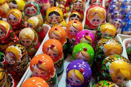 Moscow, Russia - Feb 21. 2020. Matryoshka - old national toy at a gift shopのeditorial素材