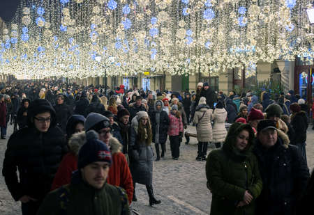 Moscow, Russia - Jan 2. 2019 Nikolskaya - pedestrian street in city centerのeditorial素材