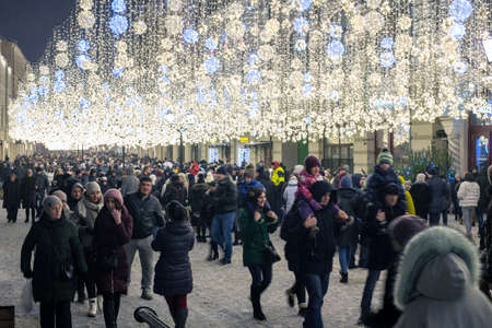Moscow, Russia - Jan 2. 2019 Nikolskaya - pedestrian street in city centerのeditorial素材