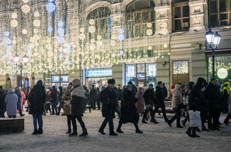 Moscow, Russia - Jan 2. 2019 Nikolskaya - pedestrian street in city centerのeditorial素材