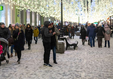 Moscow, Russia - Jan 2. 2019 Nikolskaya - pedestrian street in city centerのeditorial素材
