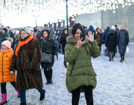 Moscow, Russia - Jan 2. 2019 Nikolskaya - pedestrian street in city centerのeditorial素材