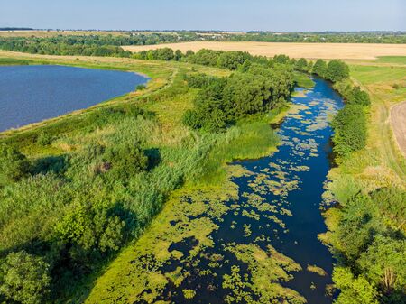 Beautiful countryside landscape with a river, aerial view. Russiaの写真素材