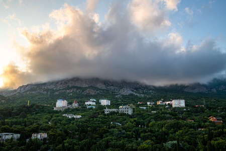 Beautiful clouds on top of a mountain in Crimeaの写真素材