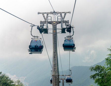 Rosa Khutor, Russia - June 1. 2018. The cable car in ski resort in summer in Estosadokのeditorial素材