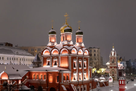 Moscow, Russia - Jan. 2. 2019. Night cityscape with the Cathedral of Icon of Mother of God on...