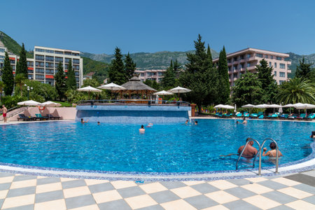 Becici, Montenegro - June 8. 2019. Swimming pool on site of Iberostar resortのeditorial素材